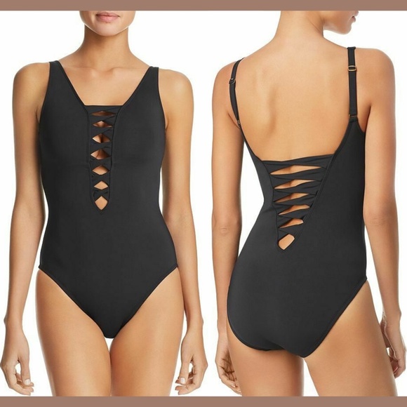 NWT Bleu By Rod Beattie Lace Down‎ One-Piece Swimsuit in Black [SZ 4 ] - Picture 1 of 8